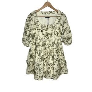 Kourt Linen Mini Dress XS Butter Yellow Bird Floral Print Square Neck Coquette